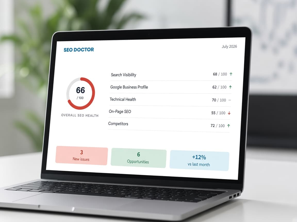 SEO Doctor monthly report on a MacBook